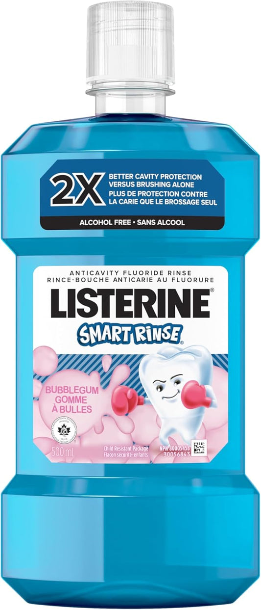 Listerine Smart Rinse Bubble Gum, Kids Mouthwash, Anticavity Fluoride Rinse, Alcohol-Free, 500 ml.