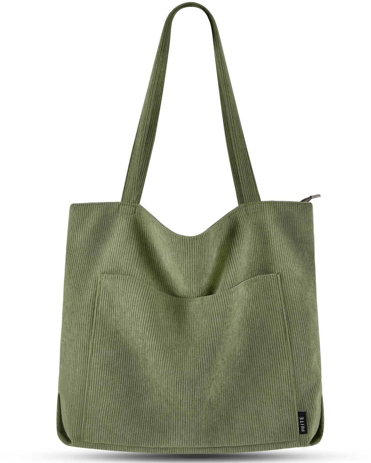 Prite Corduroy Tote Bag for Women Large Shoulder Bag with Zipper and Pockets for College Work Travel Shopping(Black)