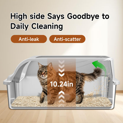 Stainless Steel Cat Litter Box, Odor Free Metal Litter Box with High Sides Lid, Open Top Low Entry Litter Pan Include Scoop Easy Cleaning Anti-Scratch Kitty Cat Box Anti-Urine Leakage, Non-Sticky