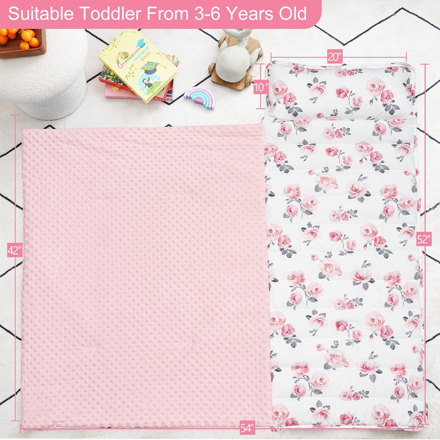 PHF Toddler Nap Mat with Removable Pillow and Minky Blanket, Rollup Design Kids Sleeping Mat, Slumber Bags for Boys, 55"x23" Toddler Sleeping Bag for Daycare Preschool Travel Camping, Space
