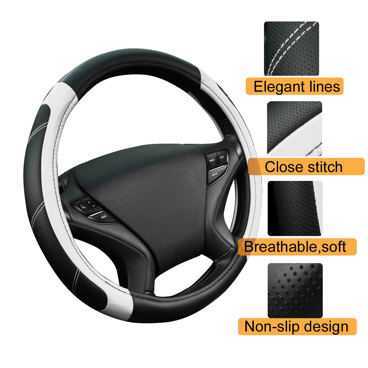CAR PASS Line Rider Mikrofaser-Leder Sportlicher Lenkradbezug Universal Passend für 95% LKW, SUV, PKW, 36,8-38,1 cm Rutschfest Sicher Bequem Design (Schwarz-Grau)