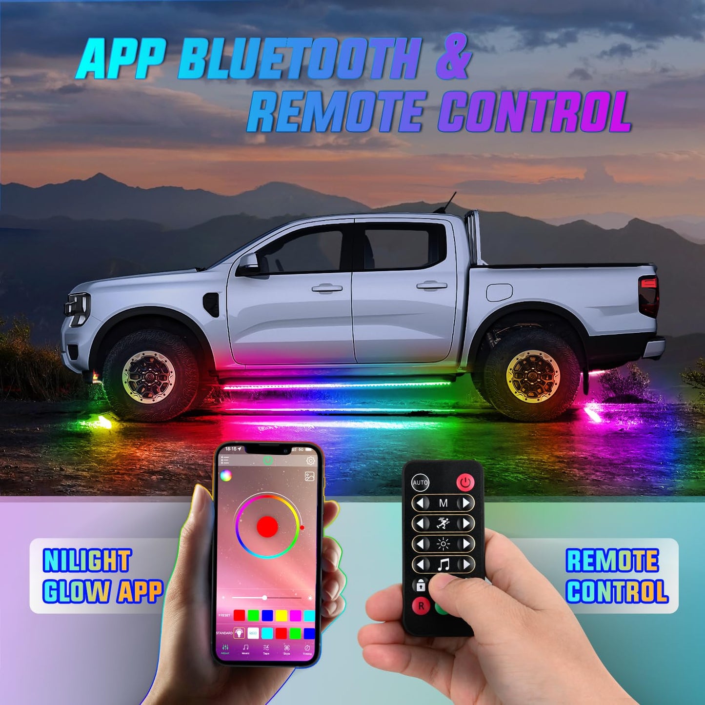 Nilight 4Pcs Car Underglow Neon Accent Strip Lights 252 LEDs RGB 8 Color Sound Active Function Music Mode with Wireless Remote Control Underbody Light Strips for Cars Van SUV Truck