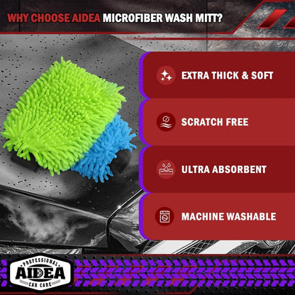 AIDEA Auto Waschhandschuh Mikrofaser, 2er Pack Kratzfrei Fusselfrei, Premium Chenille Mikrofaser Waschhandschuh Auto Waschbürste, Grün, Reguläre Größe 18,08 cm x 25,76 cm