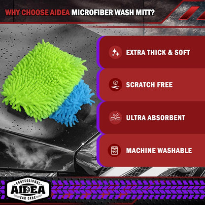 AIDEA Car Wash Mitt Microfiber, 2PK Scratch Free Lint-Free, Premium Chenille Microfiber Mitt Car Wash Brush, Green, Regular Size 7.12''X10.14''
