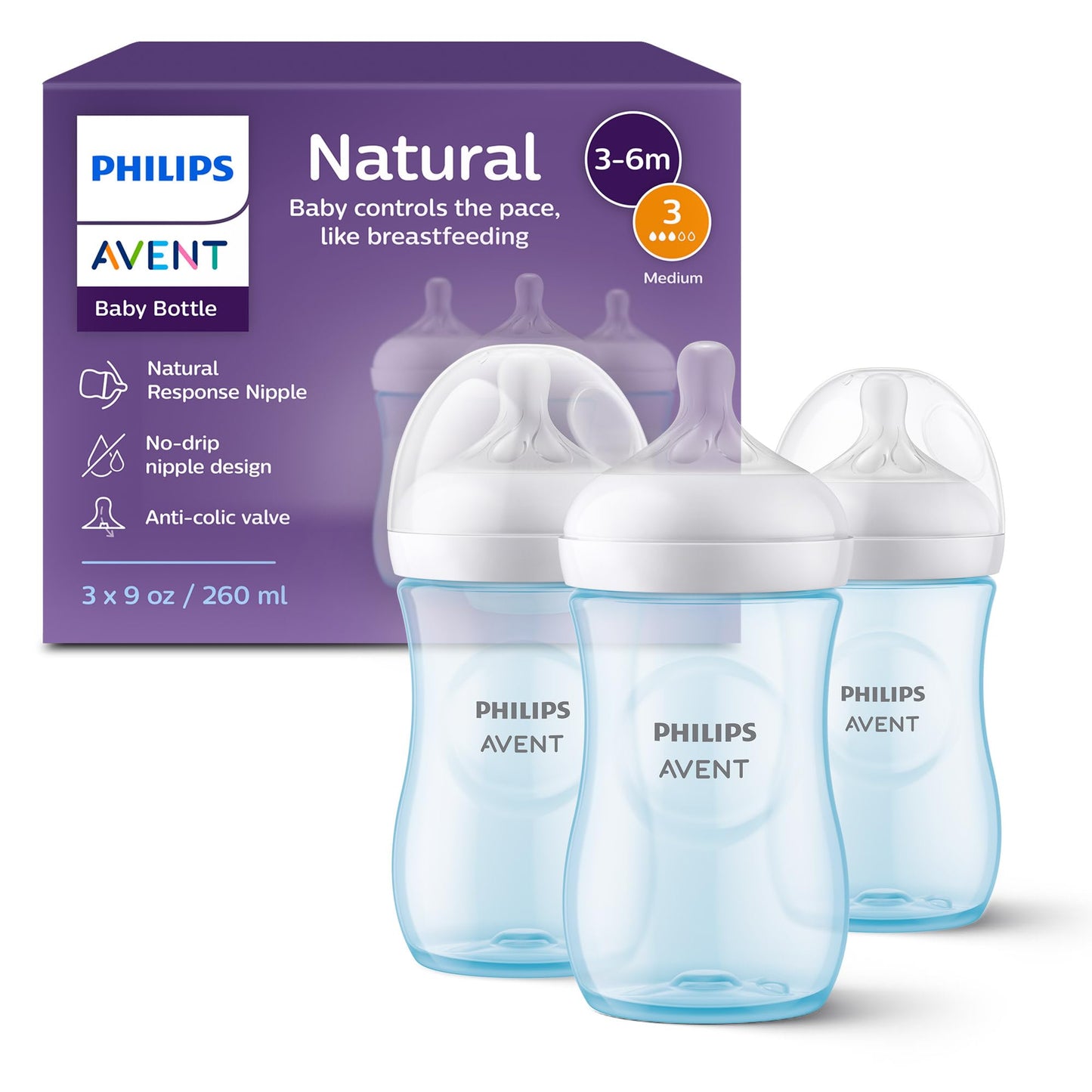 Philips Avent Natural Baby Bottle with Natural Response Nipple (Medium Flow,Flow 3), 9oz, SCY903/01