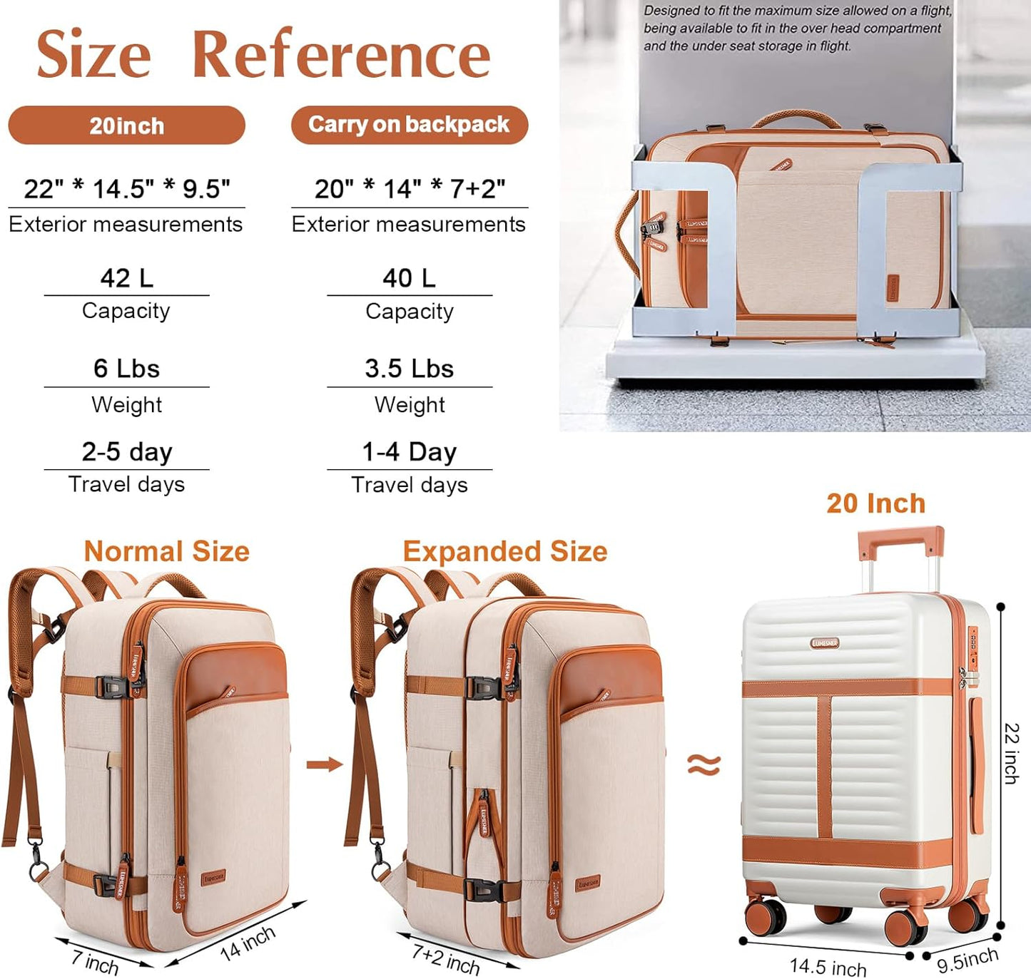 Lumesner Handgepäck Rucksack, extra großer 40L Flugzugelassener Reiserucksack für Damen & Herren
