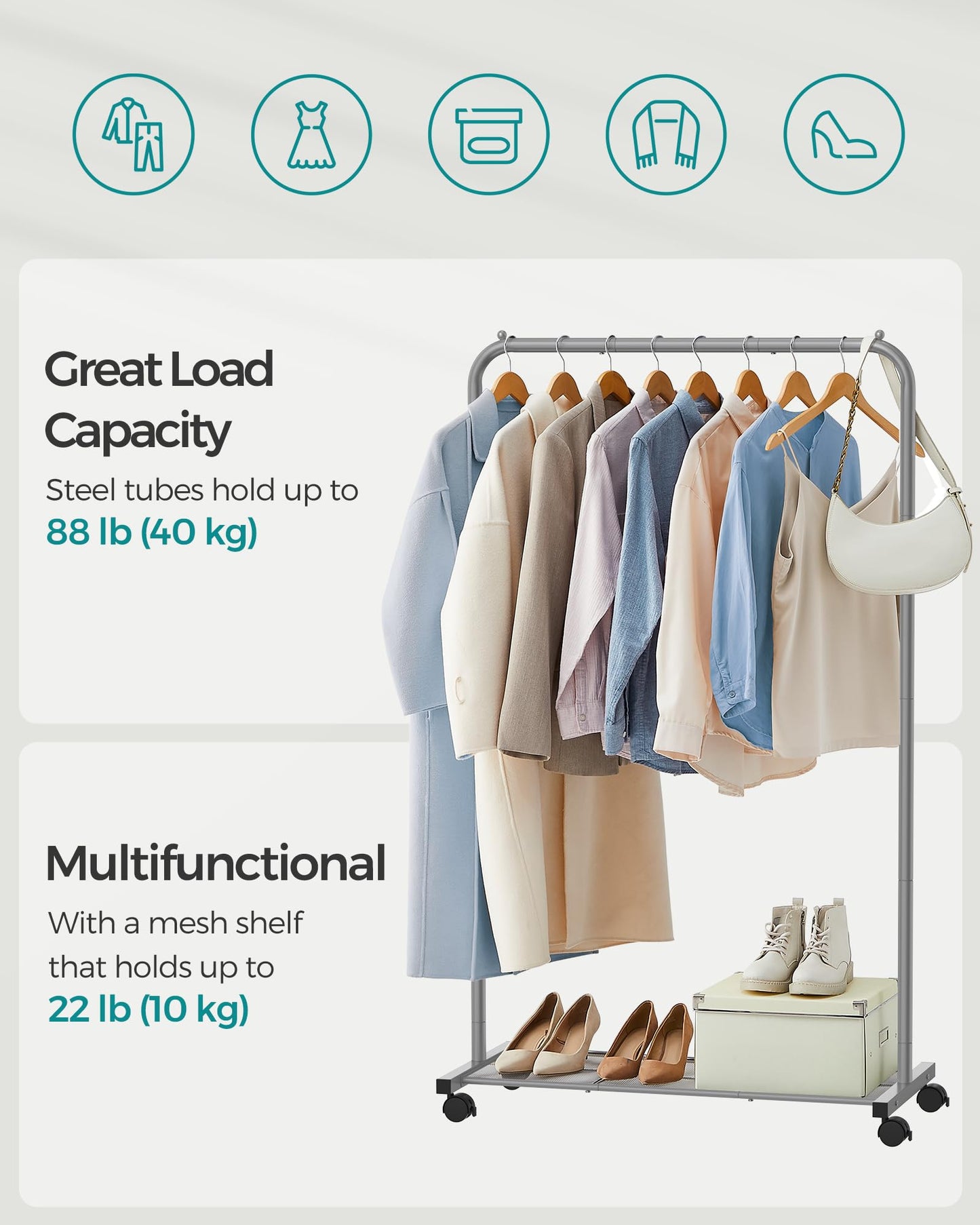 SONGMICS Clothes Rack with Wheels, Clothing Rack for Hanging Clothes, 25.4 mm Metal Garment Rack with Dense Mesh Storage Shelf, 110 lb Load Capacity, 2 Brakes, Black UHSR25BK
