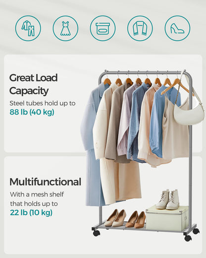 SONGMICS Clothes Rack with Wheels, Clothing Rack for Hanging Clothes, 25.4 mm Metal Garment Rack with Dense Mesh Storage Shelf, 110 lb Load Capacity, 2 Brakes, Black UHSR25BK