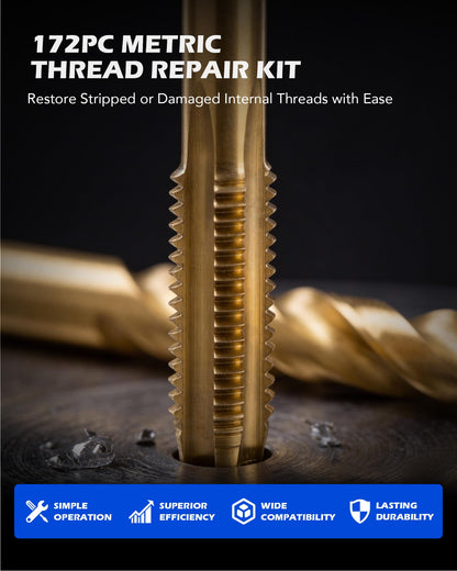 Orion Motor Tech 172pc Thread Repair Kit, Metric Thread Restorer Kit with HSS Drill Bits Taps Inserts Breakoff Installation Tools, Auto Rethreading Restorer Tool Kit in M5 M6 M8 M10 M12 Sizes