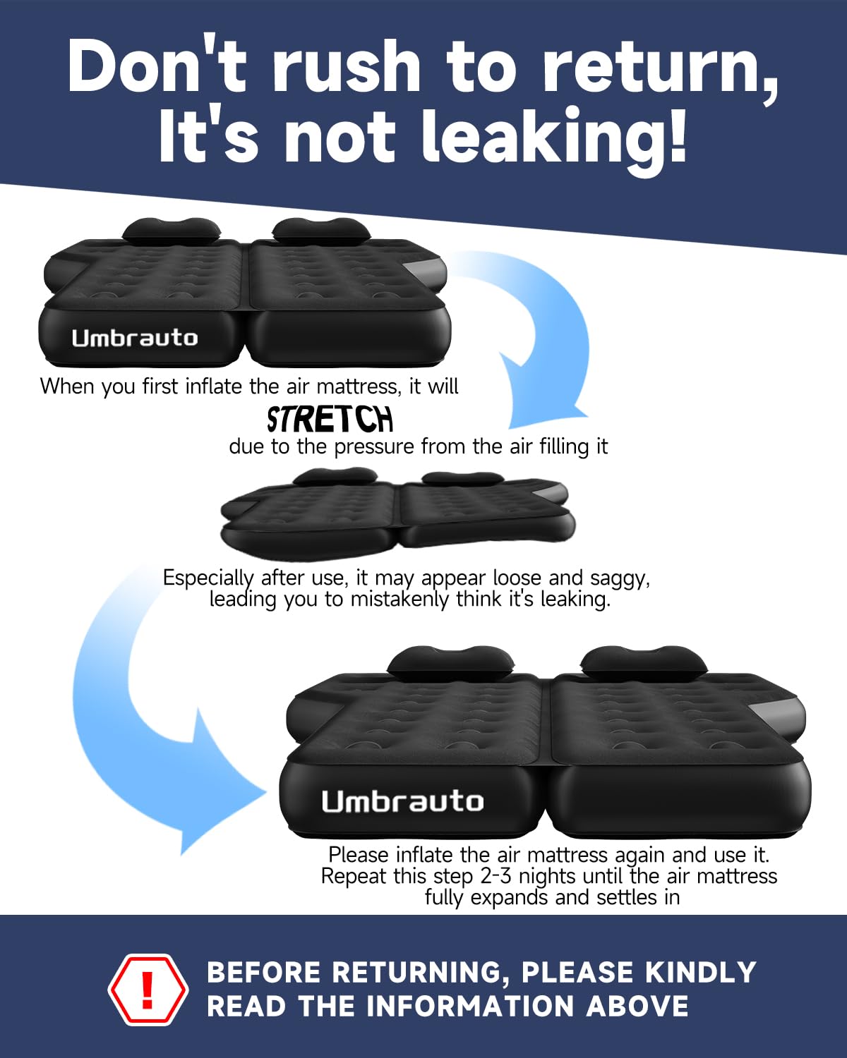 Umbrauto Car Air Mattress Backseat| Inflatable Truck Back Seat Camping Airbed for SUV Rear Seat, Blow Up Sleeping Travel Bed for Van Trunk with Pump & Pillows