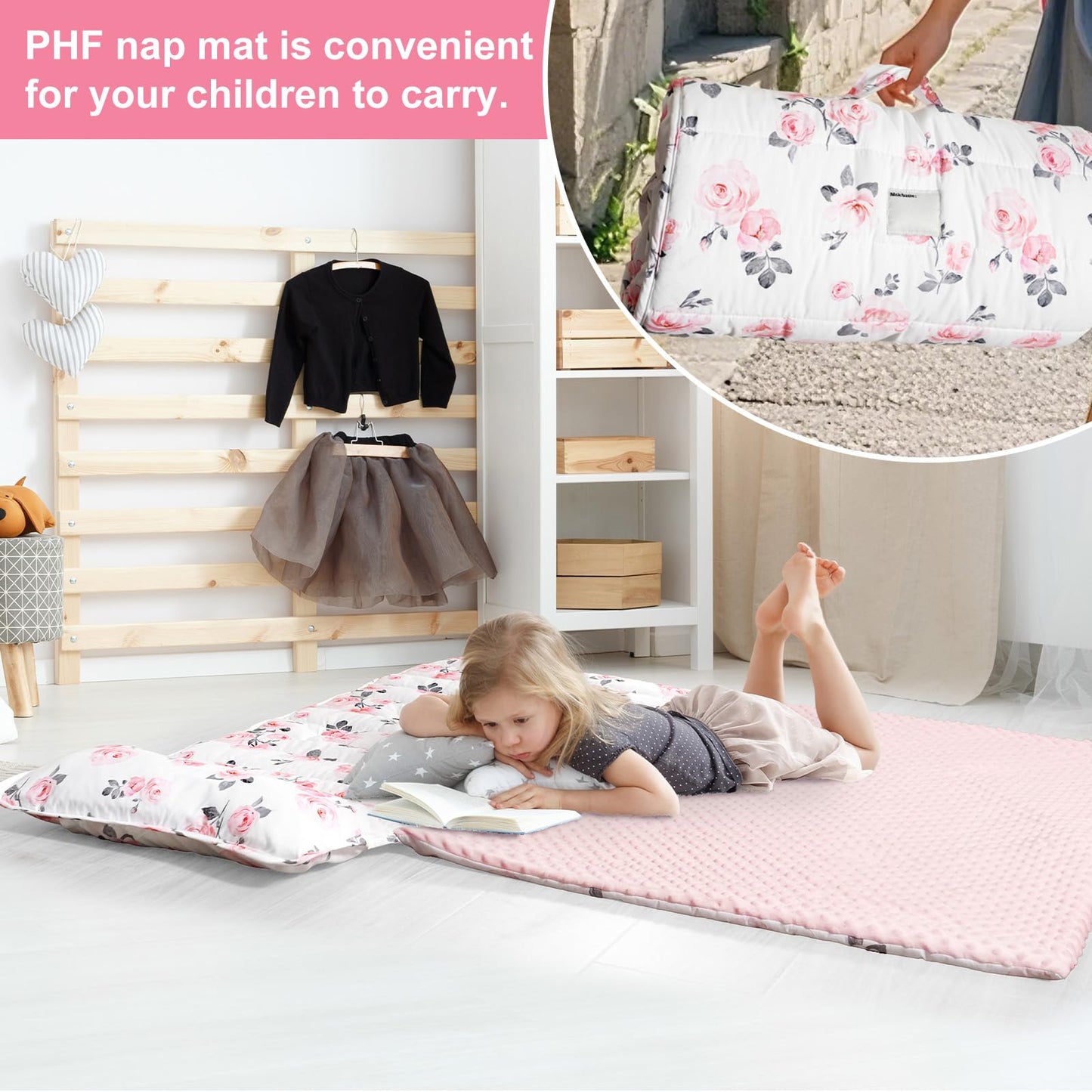 PHF Toddler Nap Mat with Removable Pillow and Minky Blanket, Rollup Design Kids Sleeping Mat, Slumber Bags for Boys, 55"x23" Toddler Sleeping Bag for Daycare Preschool Travel Camping, Space