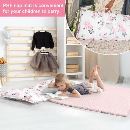 PHF Toddler Nap Mat with Removable Pillow and Minky Blanket, Rollup Design Kids Sleeping Mat, Slumber Bags for Boys, 55"x23" Toddler Sleeping Bag for Daycare Preschool Travel Camping, Space