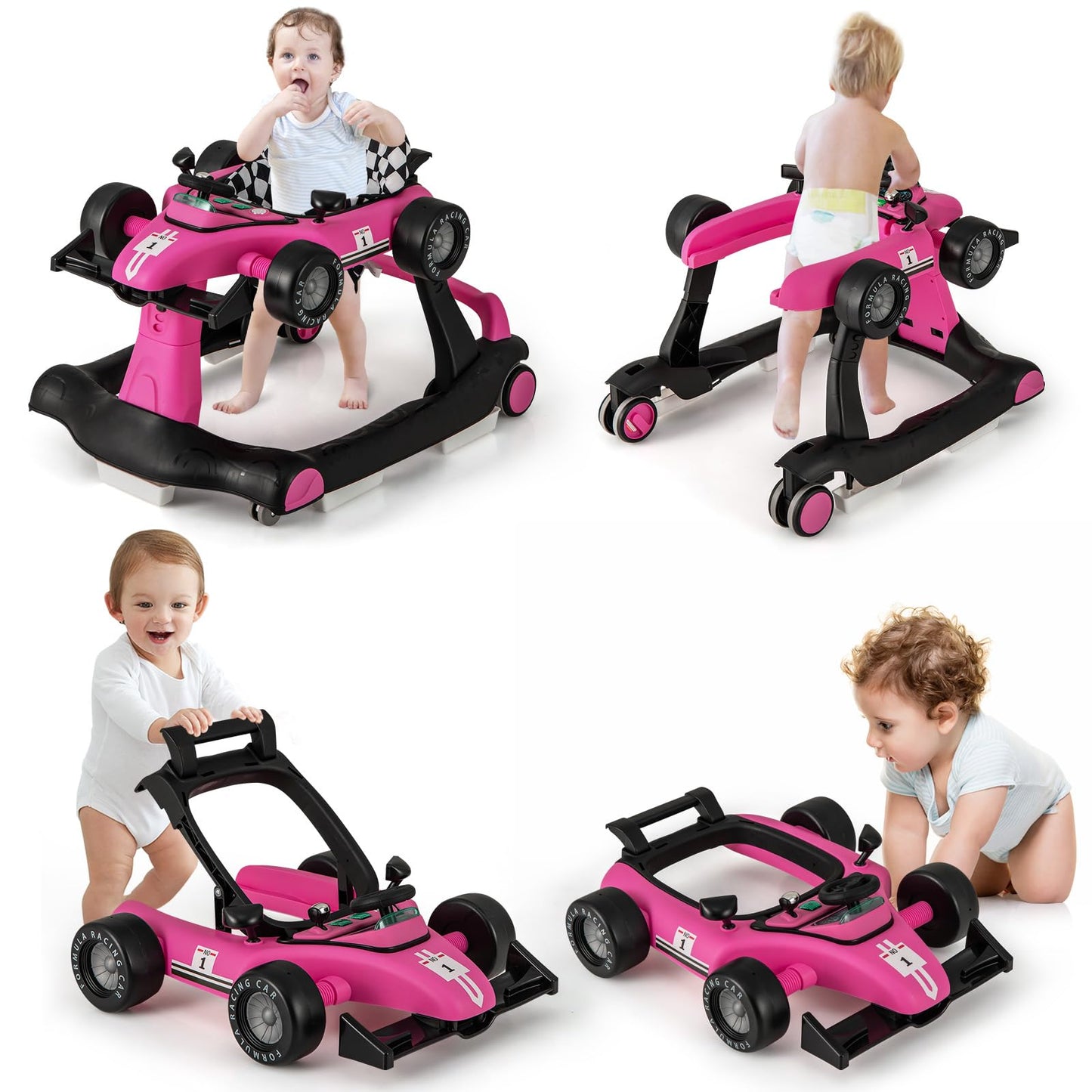 HONEY JOY 4-in-1 Baby Walker, Activity Push Walker w/3 Adjustable Heights, Smooth Wheels w/Adjustable Speed, Padded Seat, Music & Light, Foldable Car Walker for Baby Boys Girls Age 6 Months+ (Blue)