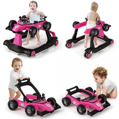 HONEY JOY 4-in-1 Baby Walker, Activity Push Walker w/3 Adjustable Heights, Smooth Wheels w/Adjustable Speed, Padded Seat, Music & Light, Foldable Car Walker for Baby Boys Girls Age 6 Months+ (Blue)