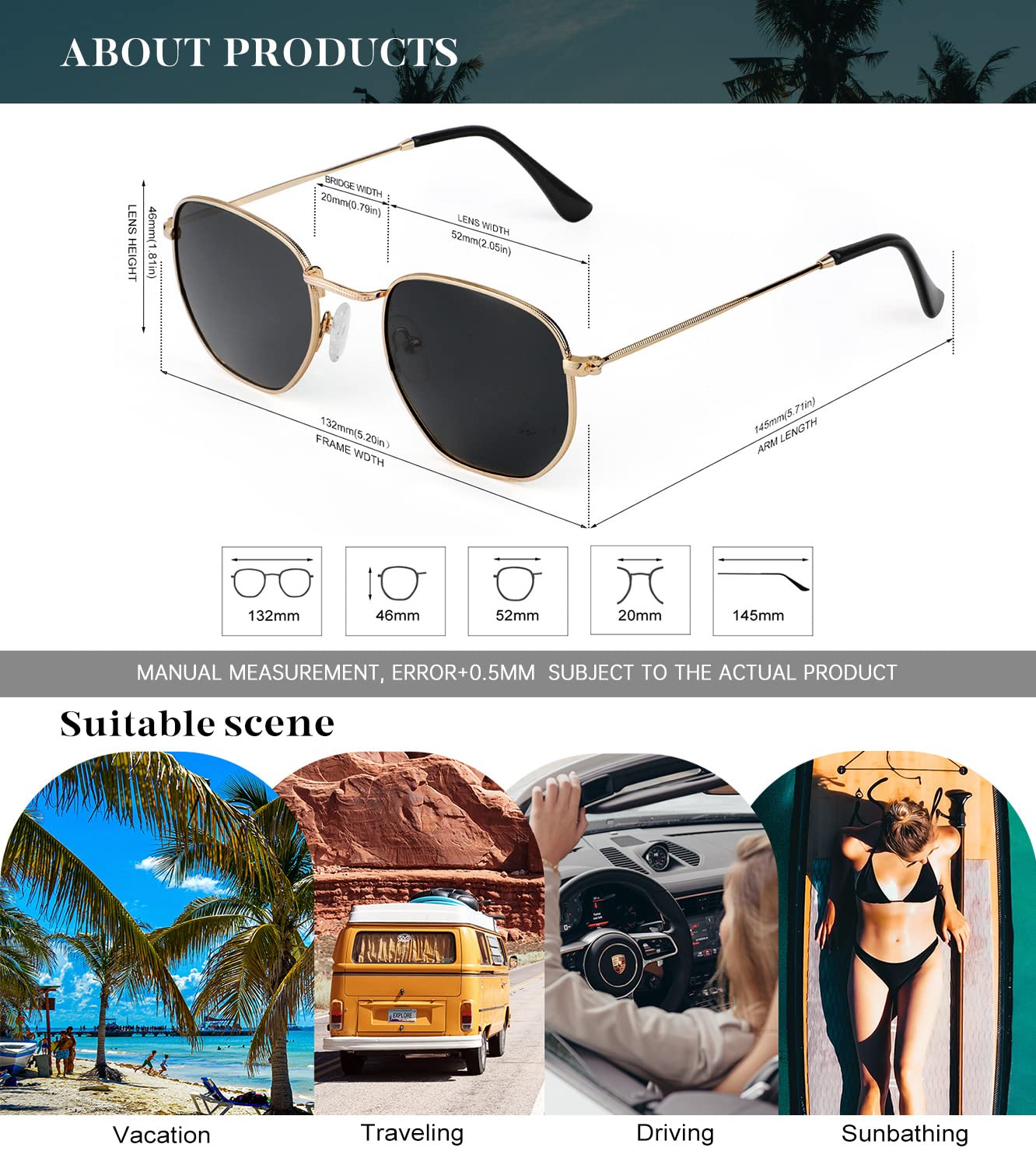 KALIYADI Sonnenbrillen für Damen und Herren Polarisiert Hexagon Damensonnenbrillen Trendy Metallrahmen UV-Schutz (Gold Rahmen Grau Linse)