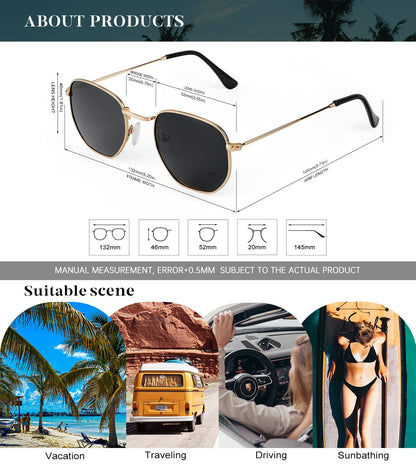 KALIYADI Sonnenbrillen für Damen und Herren Polarisiert Hexagon Damensonnenbrillen Trendy Metallrahmen UV-Schutz (Gold Rahmen Grau Linse)