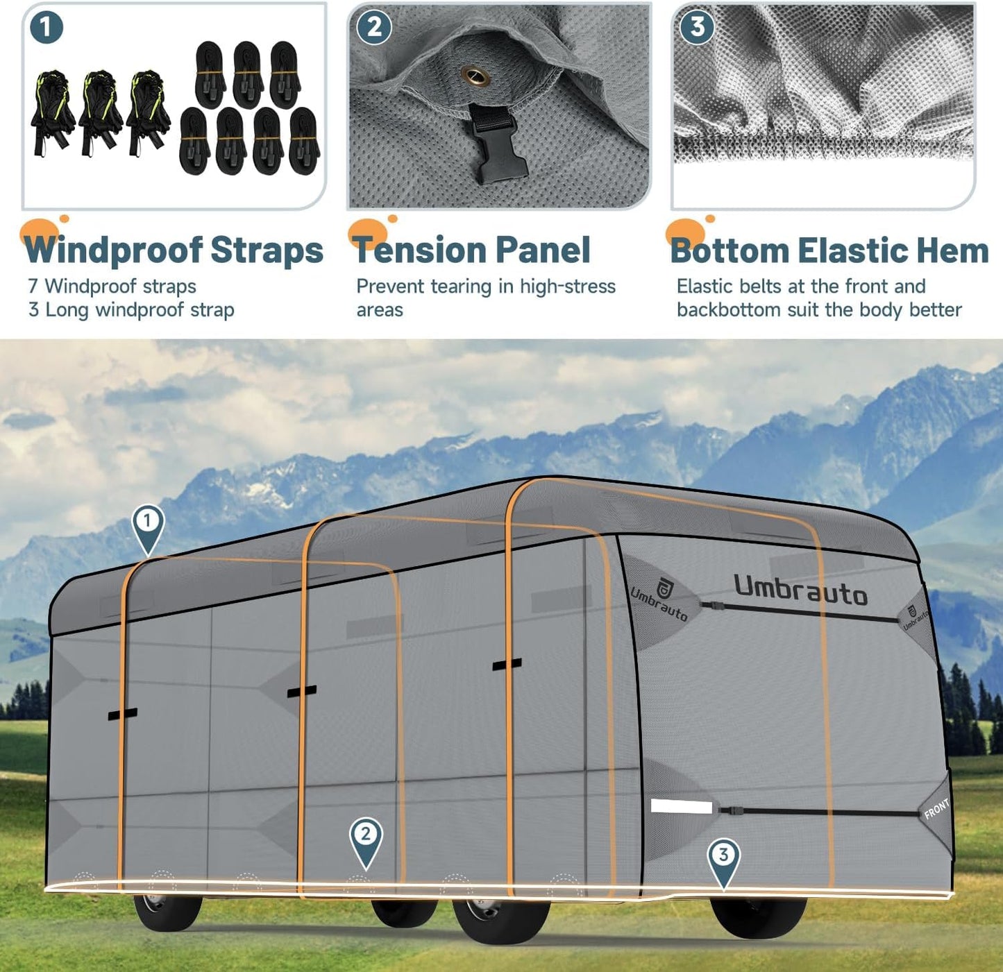 Umbrauto Class C RV Cover Fits 29-32’, Class C Motorhome Camper Cover, Heavy Duty 7 Layers Top Windproof Breathable RV Cover with 3Pcs Extra Straps, Adhesive Repair Patches, 6 Gutter Covers