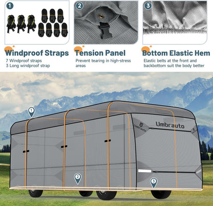 Umbrauto Class C RV Cover Fits 29-32’, Class C Motorhome Camper Cover, Heavy Duty 7 Layers Top Windproof Breathable RV Cover with 3Pcs Extra Straps, Adhesive Repair Patches, 6 Gutter Covers