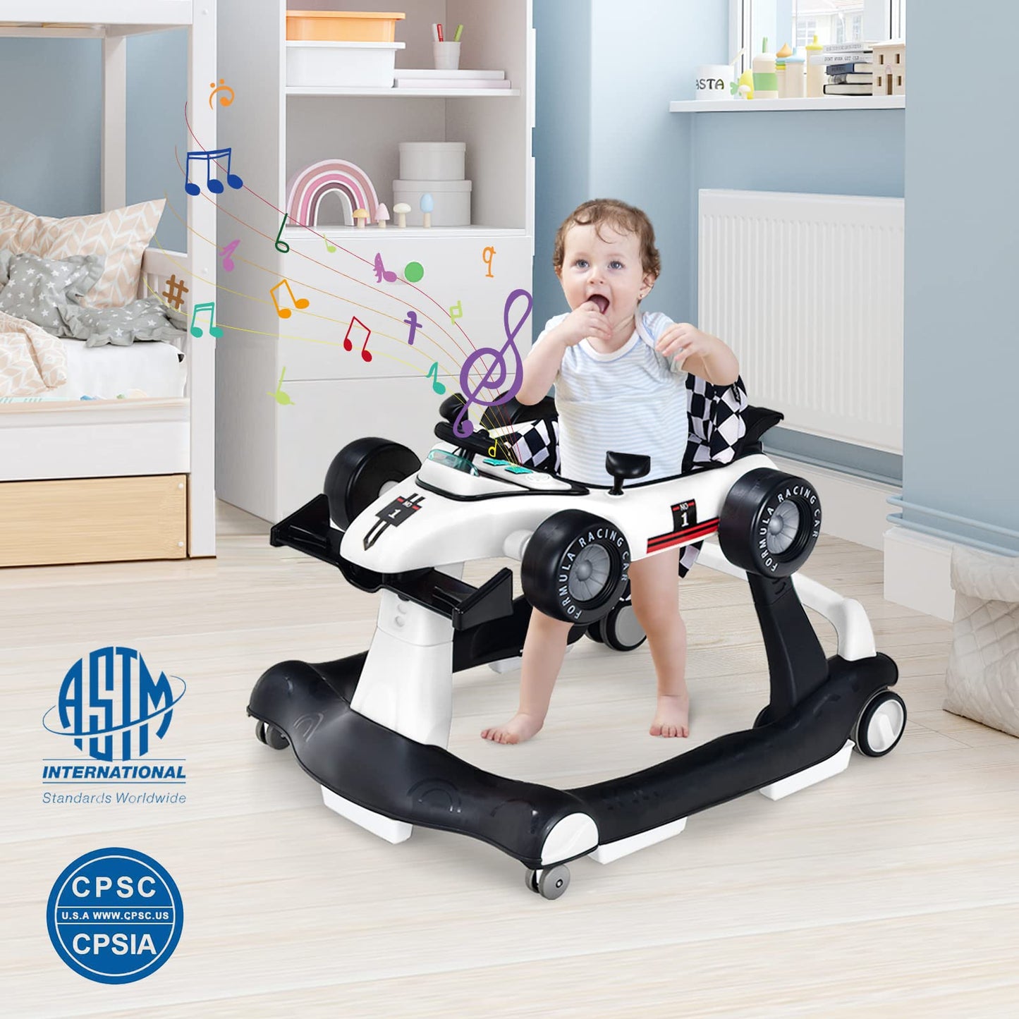 HONEY JOY 4-in-1 Baby Walker, Activity Push Walker w/3 Adjustable Heights, Smooth Wheels w/Adjustable Speed, Padded Seat, Music & Light, Foldable Car Walker for Baby Boys Girls Age 6 Months+ (Blue)