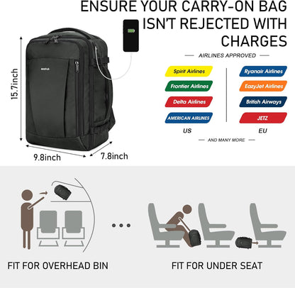 ECOHUB 16'' Reise-Rucksack Handgepäck Unterseat-Rucksack Persönlicher Gegenstand Flugzeug-Reisetasche mit 13 Taschen Handgepäck Flaschenhalter USB-Ladeanschluss Casual Daypack für Frauen Männer Schwarz