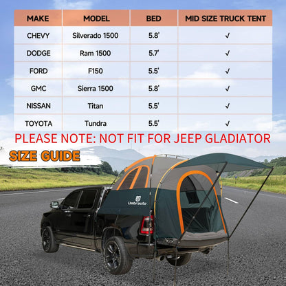 Truck Bed Tent 5.5-6ft: Easy Set Up Umburato Pickup Truck Tents for Camping, Waterproof PU3000mm Canopy for Truck Camper, Portable, Spacious for 2 Person Green