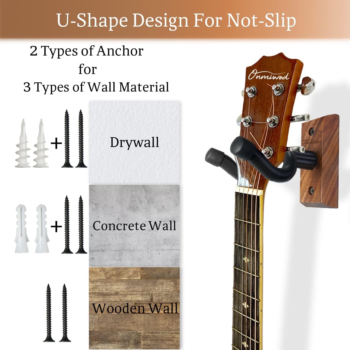 Gitarren-Wandhalterung, 2er-Pack, Gitarrenbügel aus schwarzem Nussbaumholz, U-förmige Gitarren-Wandhalterung, Gitarrenhalter-Hakenständer für Akustik-, E-Gitarre, Banjo,, Bass, Geschenk für Gitarristen, Männer, Jungen