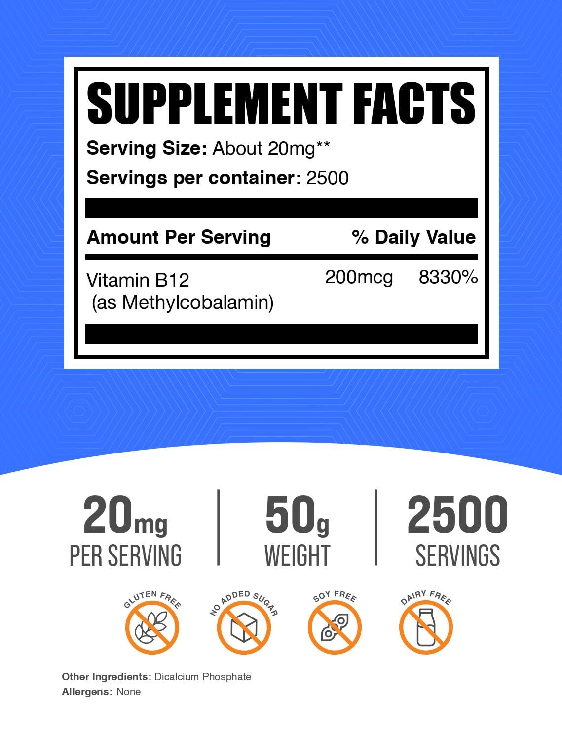BulkSupplements.com Vitamin B12 Methylcobalamin Powder - 1% B12 Methylcobalamin, Essential B Vitamin - B12 Supplement, Gluten Free, 20mg per Serving, 5kg (11 lbs) (Pack of 1)