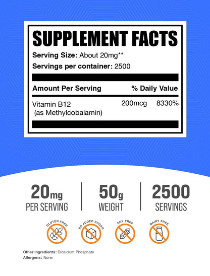 BulkSupplements.com Vitamin B12 Methylcobalamin Powder - 1% B12 Methylcobalamin, Essential B Vitamin - B12 Supplement, Gluten Free, 20mg per Serving, 5kg (11 lbs) (Pack of 1)