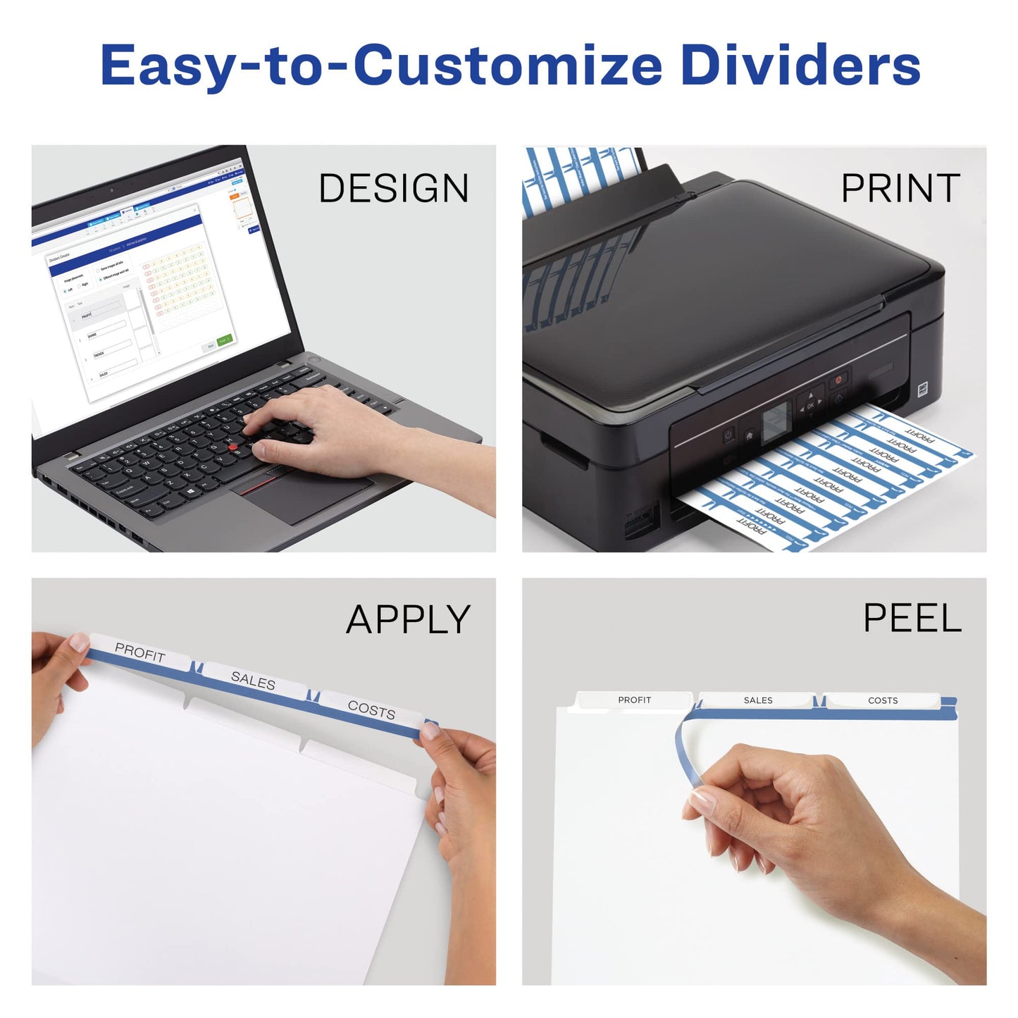 Avery 3-Tab Dividers for 3 Ring Binder, Easy Print & Apply Clear Label Strip, Index Maker Customizable White Tabs, 25 Sets (11445)