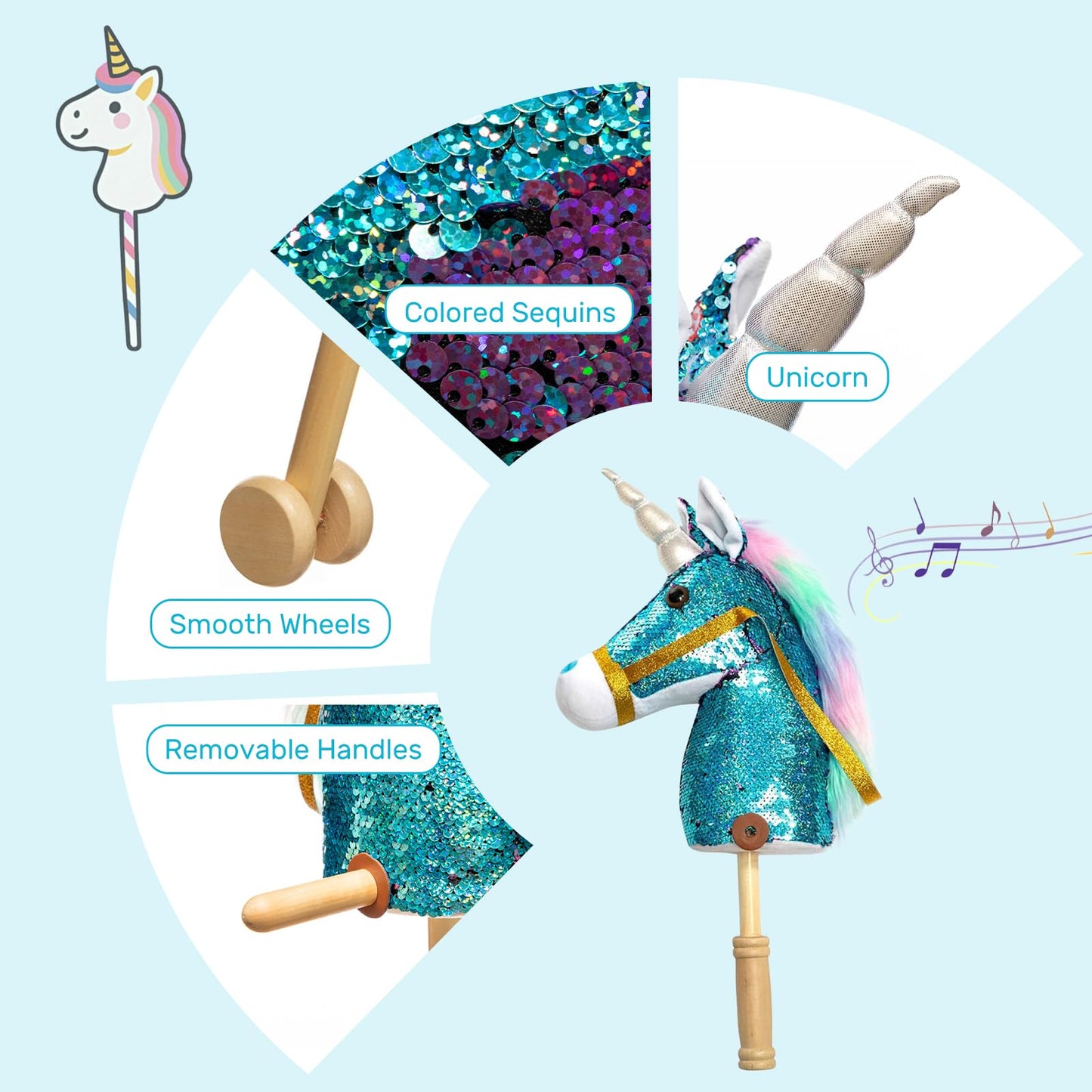 HollyHOME Plüsch Einhorn Steckenpferd mit Holzrädern Echten Pony Wiehern und Galoppieren Geräuschen Plüschtier Rosa 94 cm (AA Batterien Benötigt)