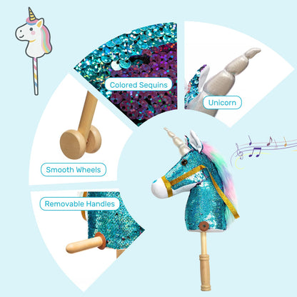 HollyHOME Plüsch Einhorn Steckenpferd mit Holzrädern Echten Pony Wiehern und Galoppieren Geräuschen Plüschtier Rosa 94 cm (AA Batterien Benötigt)