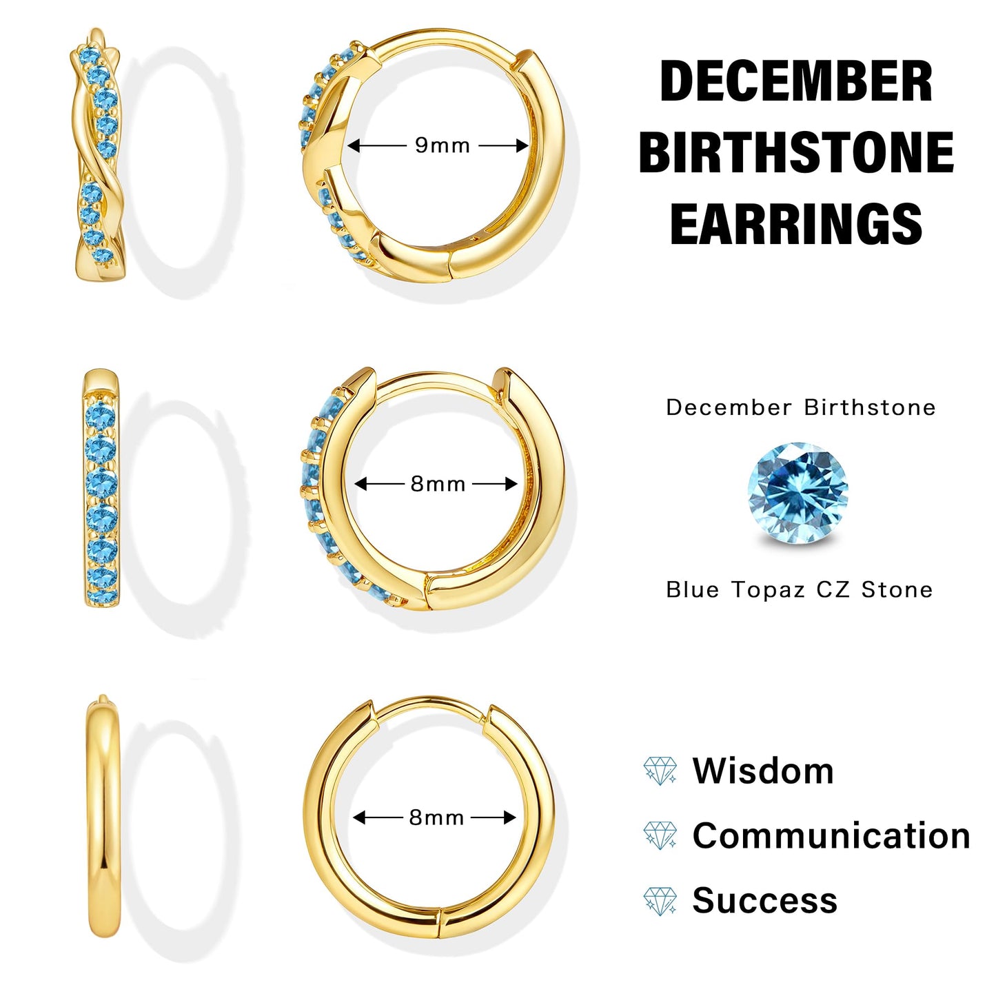 Inerney 14K Gold Plated Huggie Hoop Earrings for Women, Small Sterling Silver Earring Set Hypoallergenic Cartilage Helix Stacks, Mini Dainty Cute Trendy Birthstone Jewelry Gift for Multiple Piercings