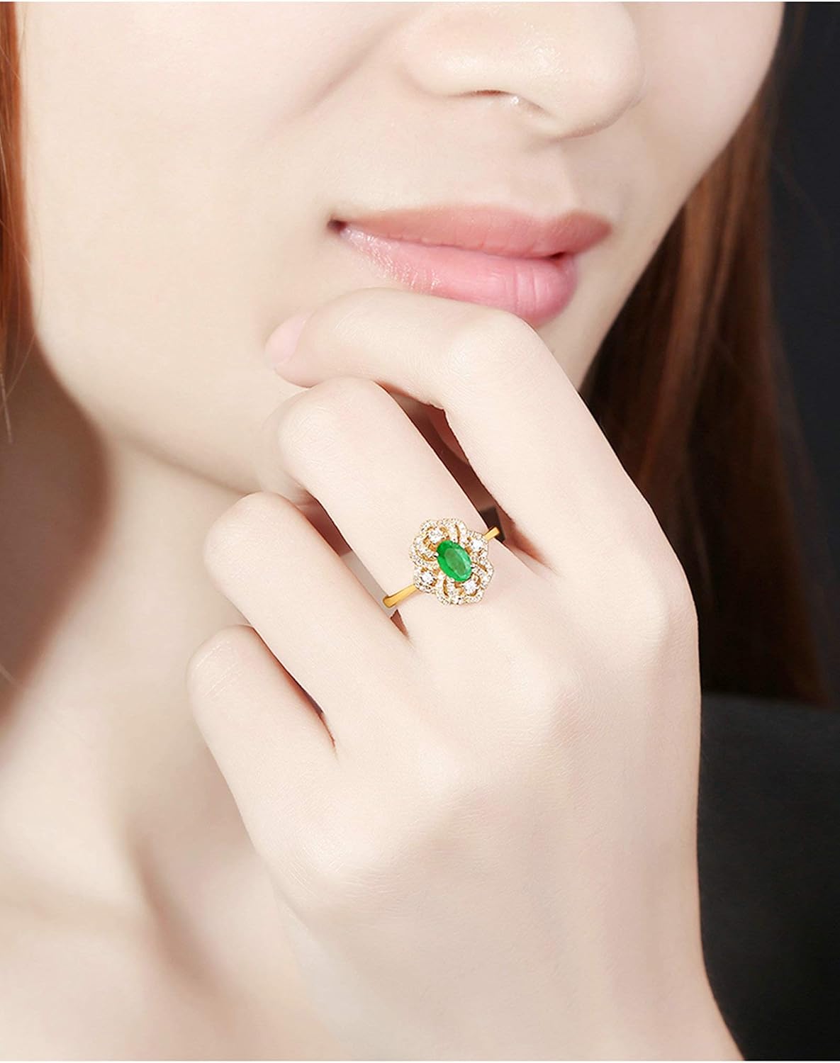 Aienid 18Ct Yellow Gold Engagement Rings for Women Diamond Flower with Oval Cut Emerald Engagement Ring for Her