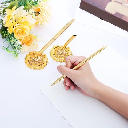 Bcxfbxd 2 Stück Gold Hohl Rund Stifthalter Metall Stifteständer Set Unterschriftenstift Set Unterschriften Tisch Kugelschreiber für Gästebuch Hochzeit Geburtstag Party Abschlussfeier Lehrer Büro Geschäft