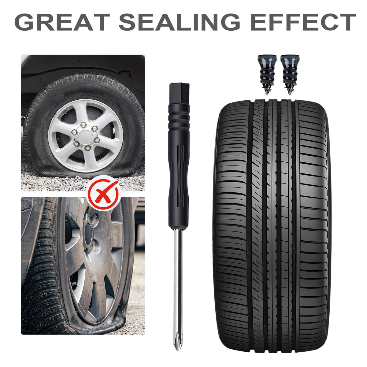 60PCS Tire Repair Rubber Nails, Screw in Tire Repair Nails Kit with a Screwdriver, Tire Repair Screws, Self-Service Tire Plugs Screw Type, Tire Repair First Aid Kit for Car, Motorcycle, Truck