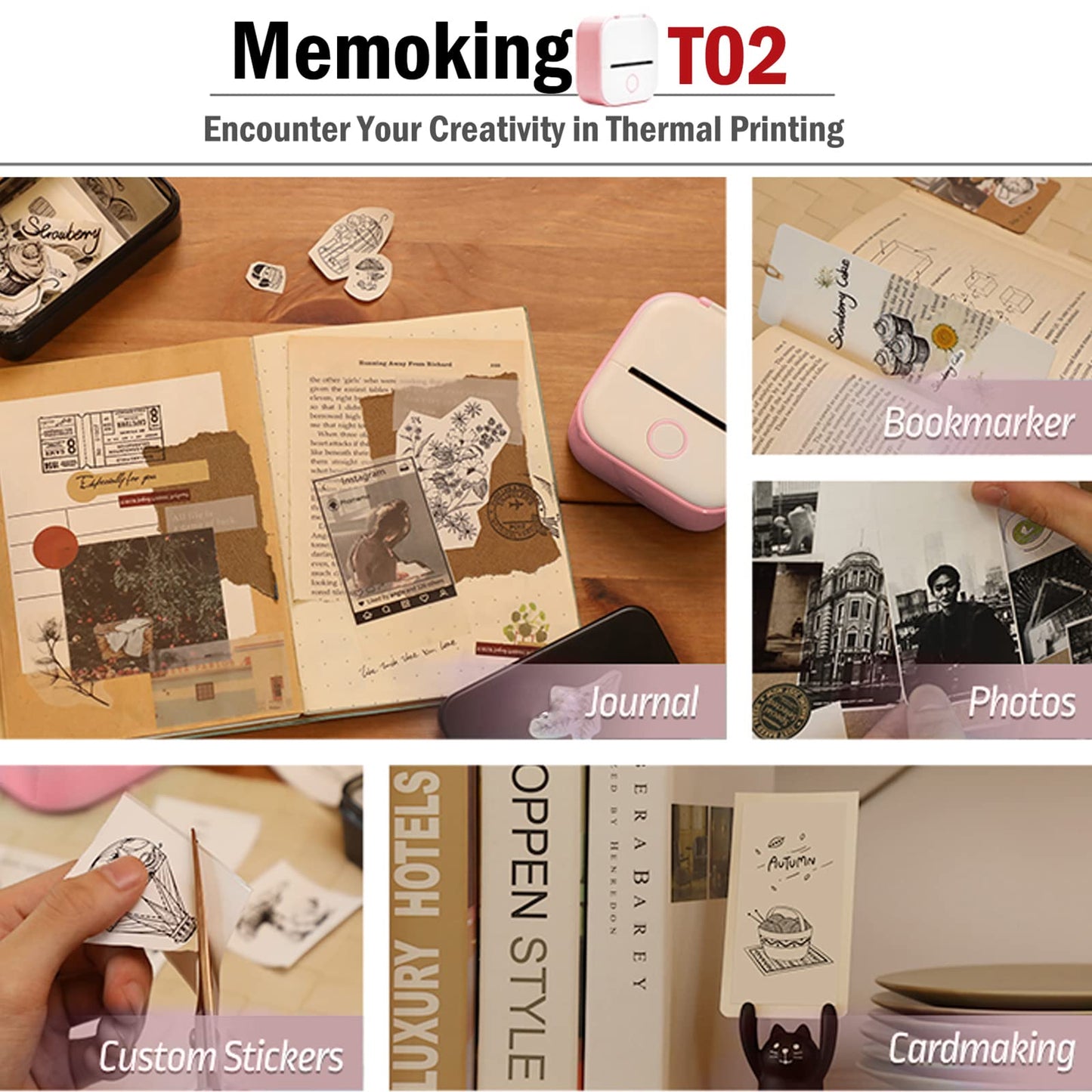 Memoking Mini-Drucker - T02 Aufkleberdrucker, Druckkapsel, tragbarer thermischer tintenloser Aufkleberhersteller, Bluetooth-Taschen-Minifotodrucker, Sofortdruck, Smart AI APP, für Studentenstudiennotizen, Tagebuch, Heimwerker, Geschenk