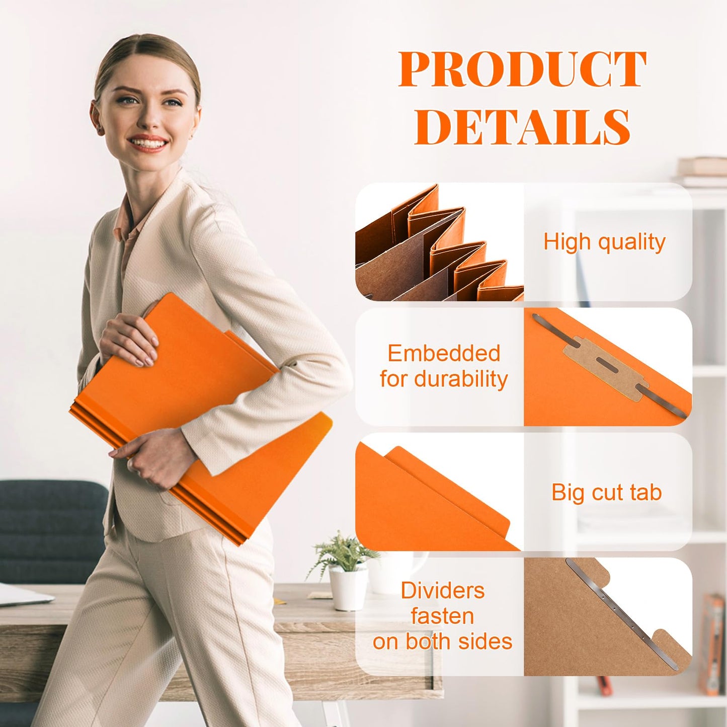 Skyygemm 60 Pcs Classification Folders Letter Size, 3 Divider Pressboard File Folder with Fasteners, Expanding File Organizer Bulk for Documents, Projects, Reports, School Teacher, Office (Orange)