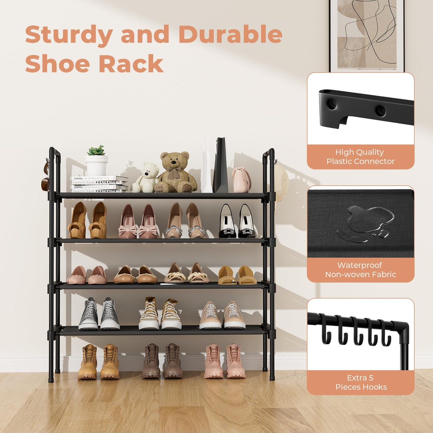 LANTEFUL 3 Tier Shoe Rack for Closet, Shoe Organizer with 5 Hooks, Long Shoe Shelf Storage for Sneaker and Boot Stackable Free Standing Shoe Rack for Entryway, Garage, Small Spaces, Dorm