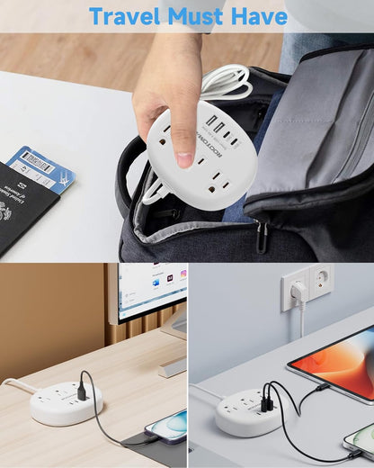 Europäischer Reiseadapter mit USB C, 3 AC-Steckdosen, 4 USB-Anschlüssen (2 USB-C, 4.8A/24W) Kanadisch-Europäische Reise-Steckdosenleiste für EU, Spanien, Frankreich, Deutschland, Island, Griechenland, 0,9 m