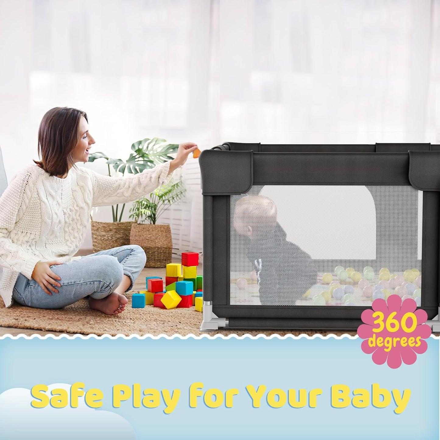 Palopalo Baby Laufgitter, 180x150cm Extra Großer Laufstall für Babys und Kleinkinder, Baby-Aktivitätszentrum mit 8 Saugnapfbasen, Baby-Laufstall mit Tür und weichem, atmungsaktivem Netz, Ohne Matte