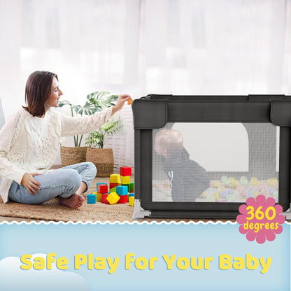 Palopalo Baby Laufgitter, 180x150cm Extra Großer Laufstall für Babys und Kleinkinder, Baby-Aktivitätszentrum mit 8 Saugnapfbasen, Baby-Laufstall mit Tür und weichem, atmungsaktivem Netz, Ohne Matte