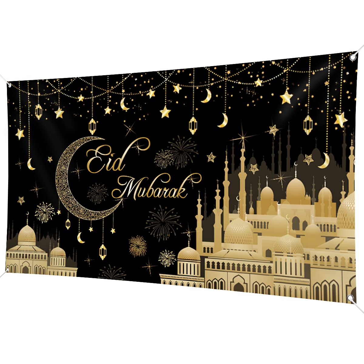 Aviski Eid Mubarak Banner 78 x 43 Inch Black Background Banners for Muslim Party Decorations