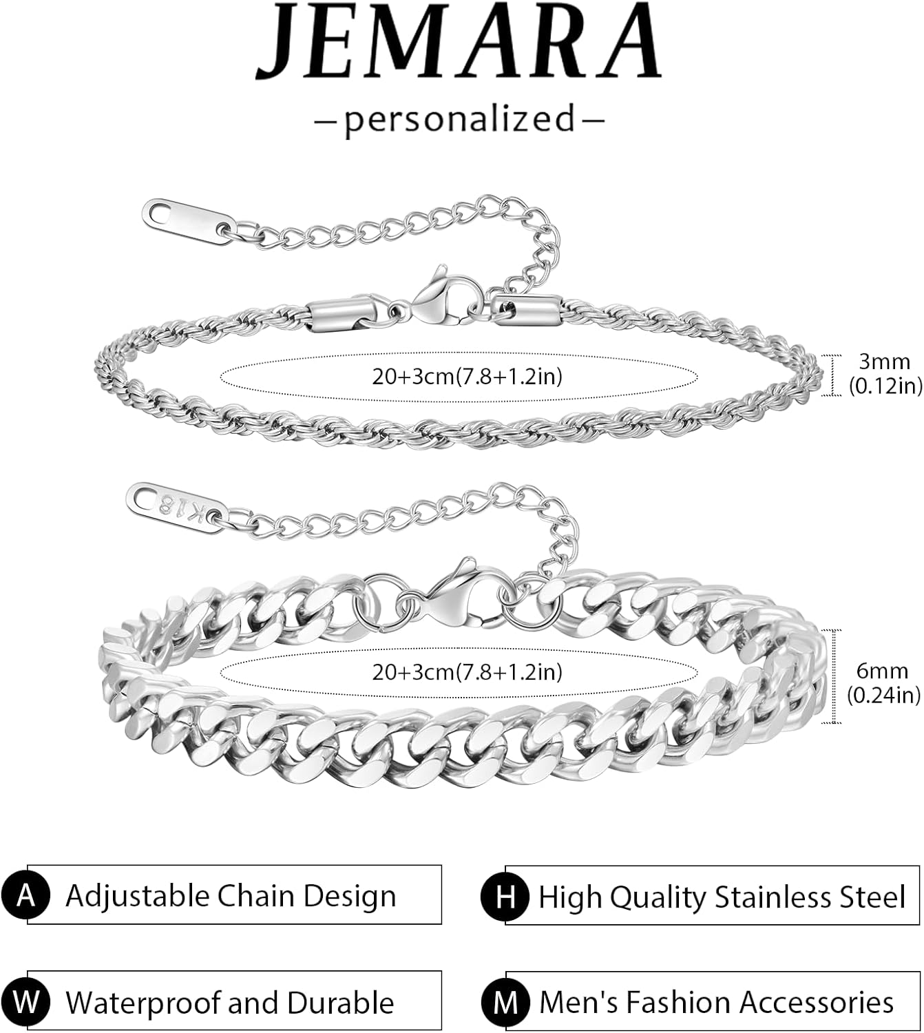 3 Stück Herren Silber Armbänder, robustes Curb Edelstahl Breite Schlangenkette Figaro Cuban Armband Set 7/7.8+1.2 Zoll verstellbares Stapel-Silberkettenarmband für Männer