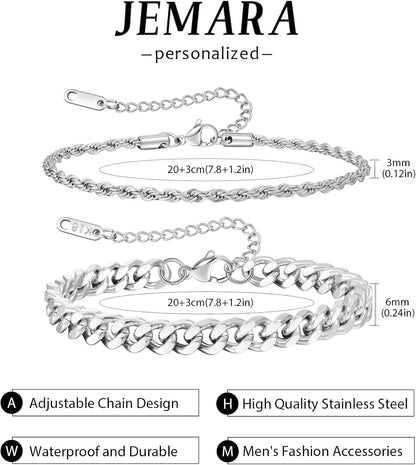 3 Stück Herren Silber Armbänder, robustes Curb Edelstahl Breite Schlangenkette Figaro Cuban Armband Set 7/7.8+1.2 Zoll verstellbares Stapel-Silberkettenarmband für Männer