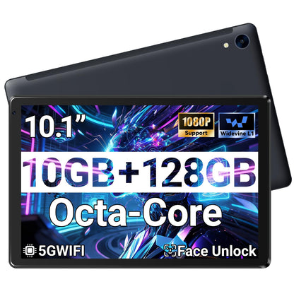 Tablet 10.1" Android Tablet, Octa-Core Processor, 10GB RAM+128GB ROM 1TB Expandable, Widevine L1 1280x800 IPS HD Touchscreen, 5MP+8MP Dual Camera Face Unlock, 5000mAh Battery WiFi 6 BT5.3,Gray