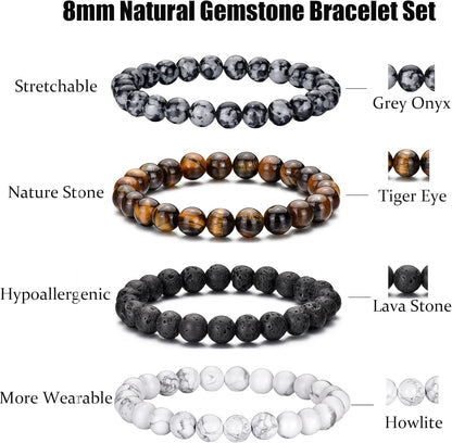 Tigerauge Armband für Herren 8MM Natursteinperlen Armband Set Stretch Lava Stein Armbänder Verstellbares Schwarzes Kristallperlenarmband für Herren Damen Geschenke
