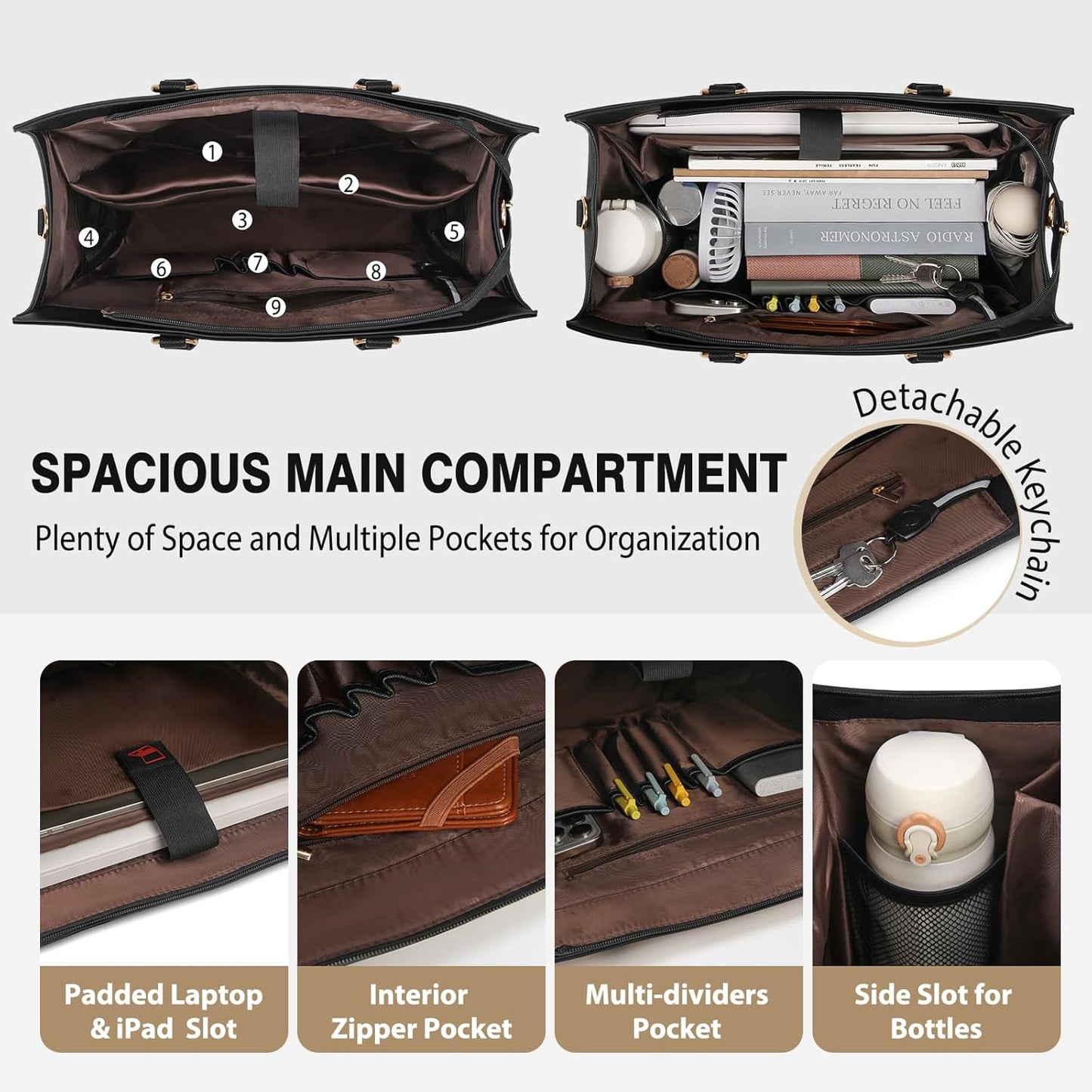 RAINSMORE Laptop Bag for Women 15.6 Inch Work Tote Bag with Detachable Strap & Bow Leather Laptop Tote with Cup Holder