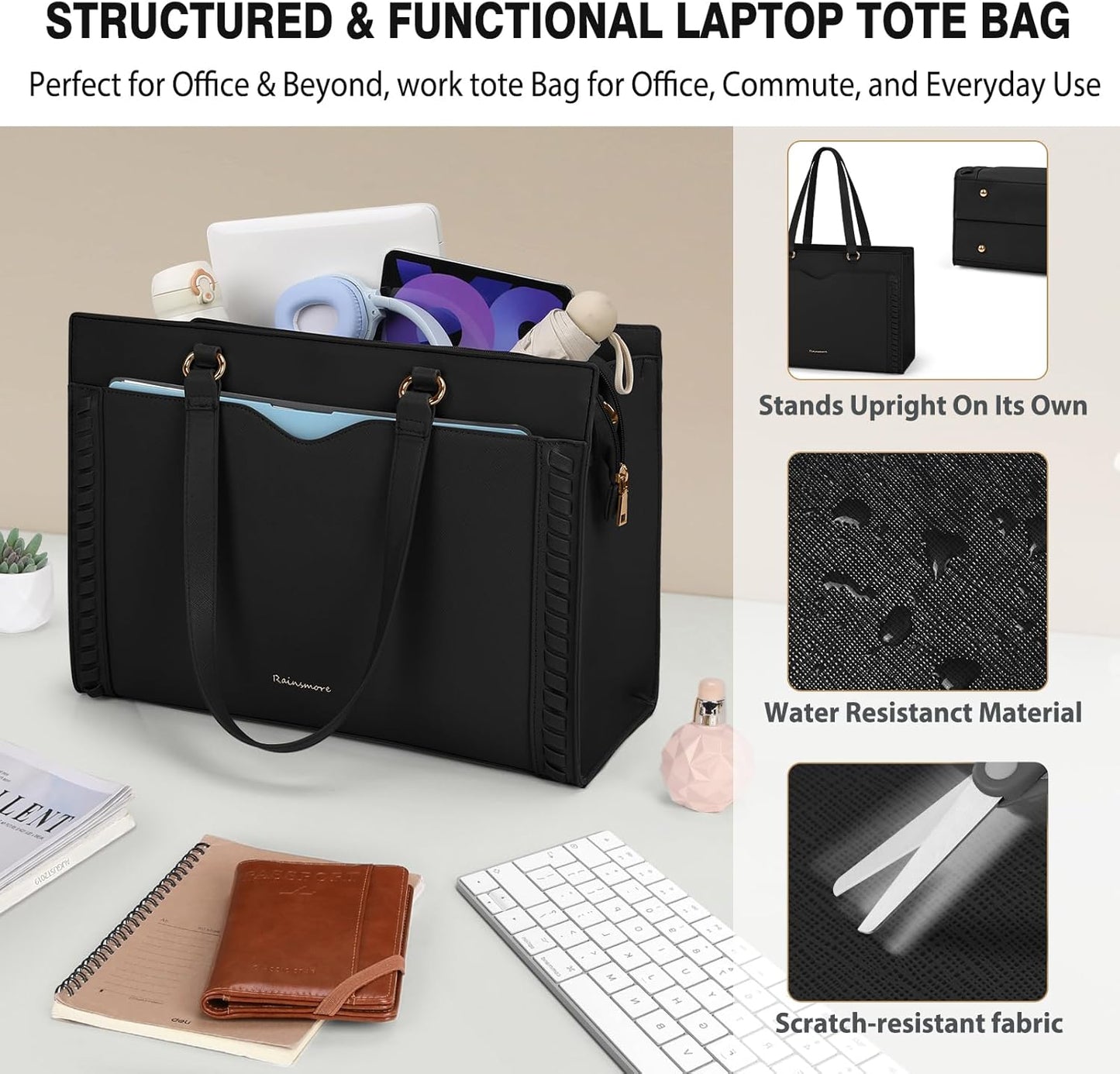 RAINSMORE Laptop Bag for Women 15.6 Inch Work Tote Bag with Detachable Strap & Bow Leather Laptop Tote with Cup Holder