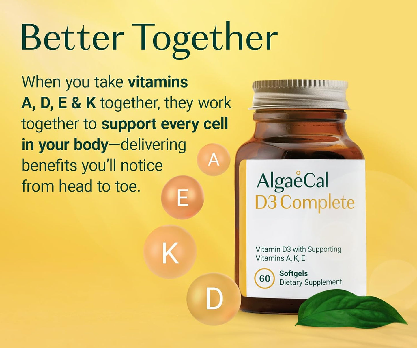 ALGAECAL 4-in-1 Vitamin D3 K2 Complete - ADK Vitamin Supplement, Enhanced Immune Support & Bone Health with D3 K2, A, & E - Whole Body Wellness & Bone Strength, Easy-Swallow Softgels, 6 Month Supply
