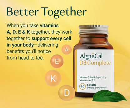 ALGAECAL 4-in-1 Vitamin D3 K2 Complete - ADK Vitamin Supplement, Enhanced Immune Support & Bone Health with D3 K2, A, & E - Whole Body Wellness & Bone Strength, Easy-Swallow Softgels, 6 Month Supply